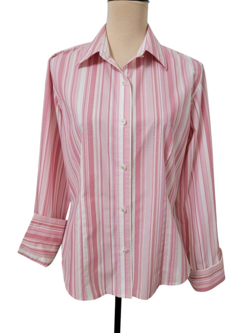 Van Heusen Size M Pink Wrinkle Free White Button Down Shirt with French Cuffs